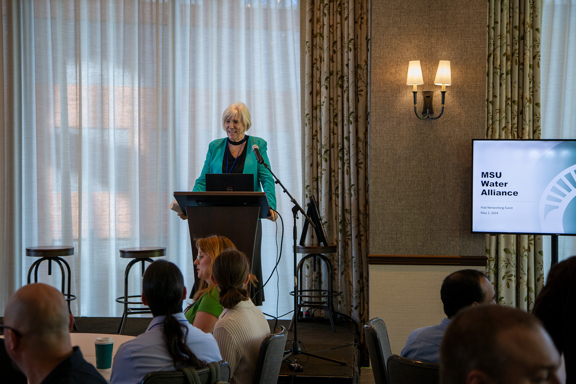 Joan Rose speaking at the Water Alliance Hub