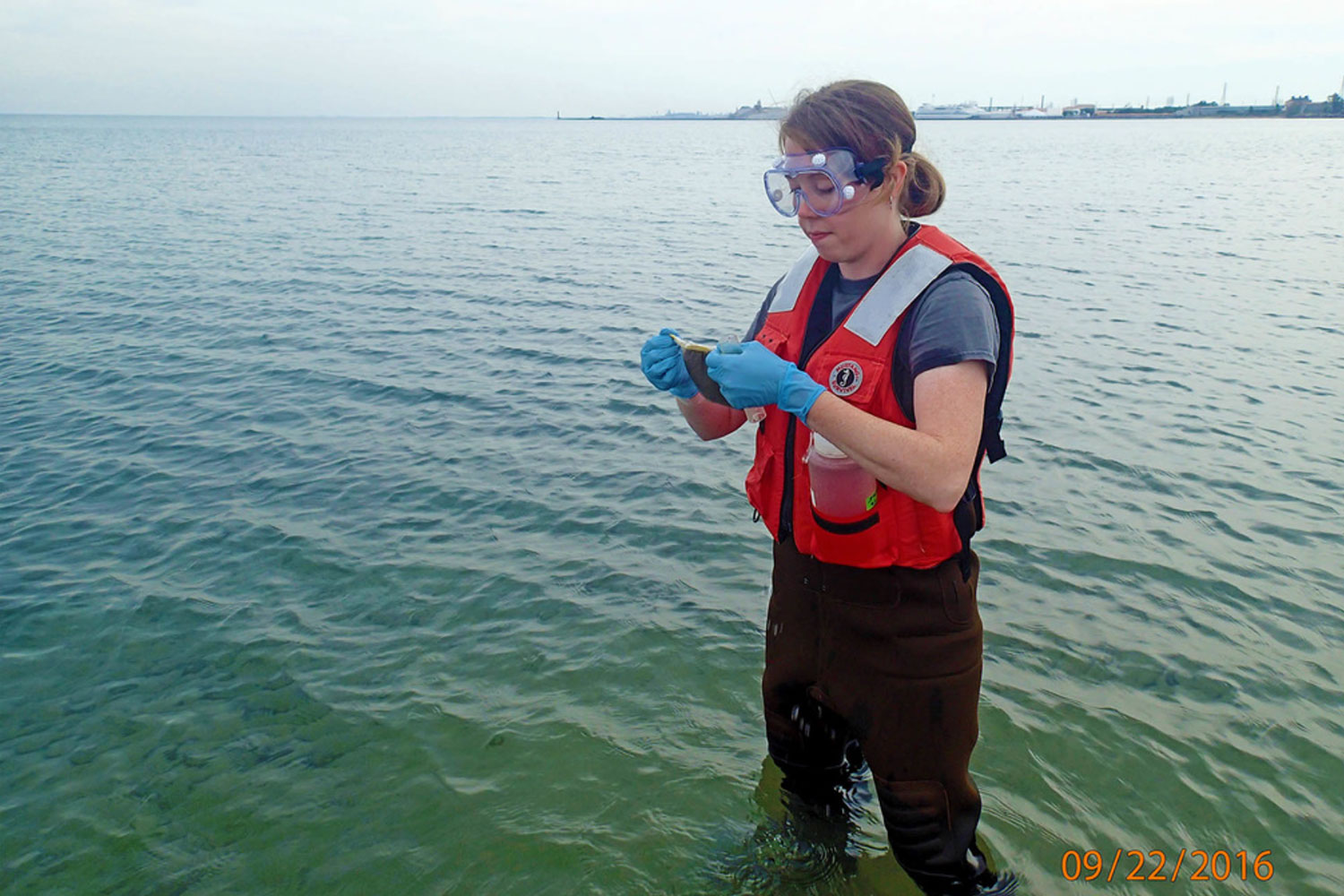 A person in waiters stands in a lake holding research equipment.