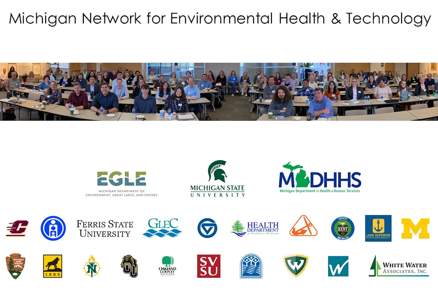 Michigan Network for Environmental Health and Technology group photo and logos