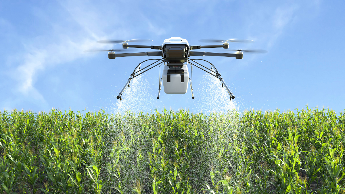 Drone delivering pesticides to crops.