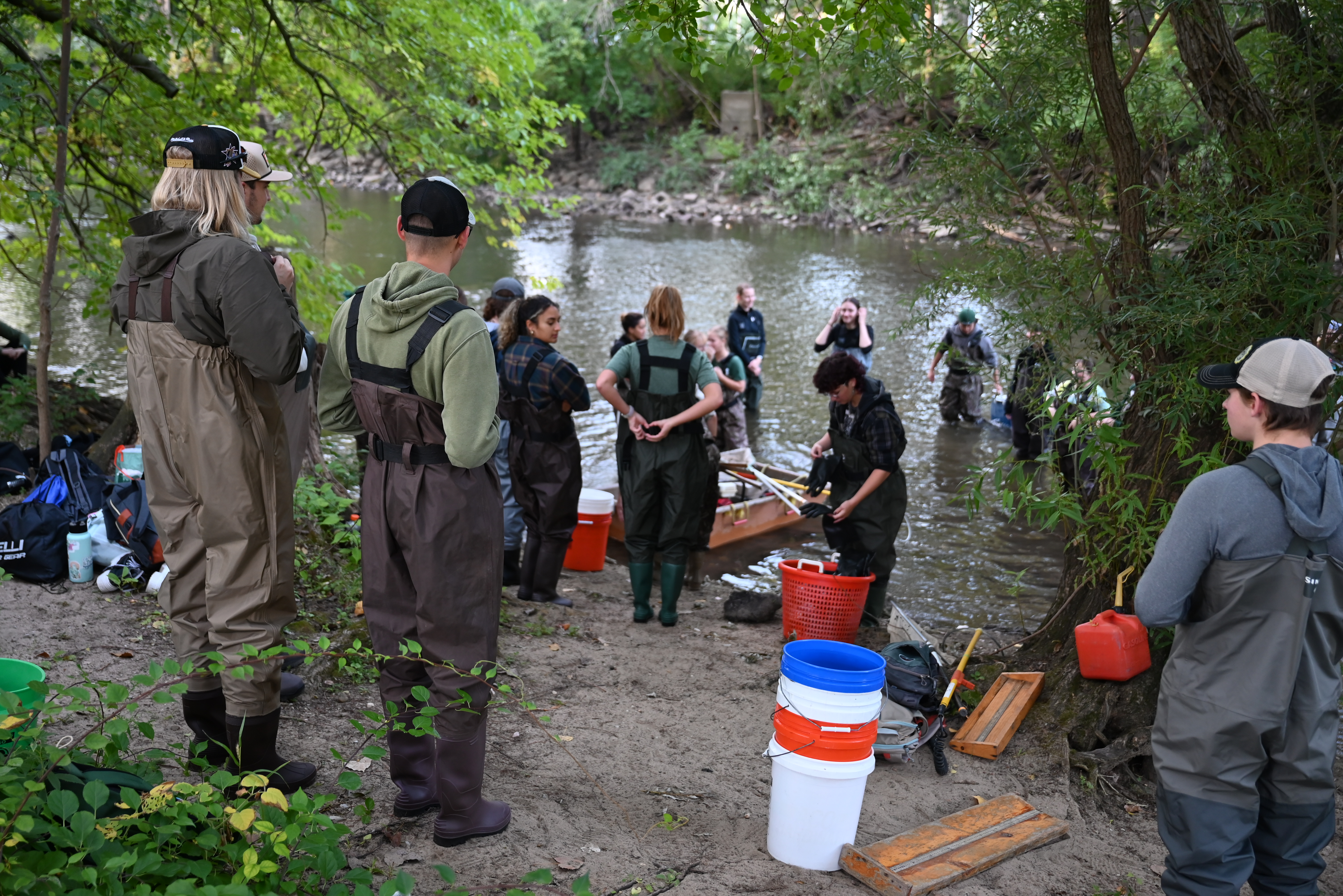 MSU students demonstrate electrofishing techniques during a 75th Anniversary Symposium field session.