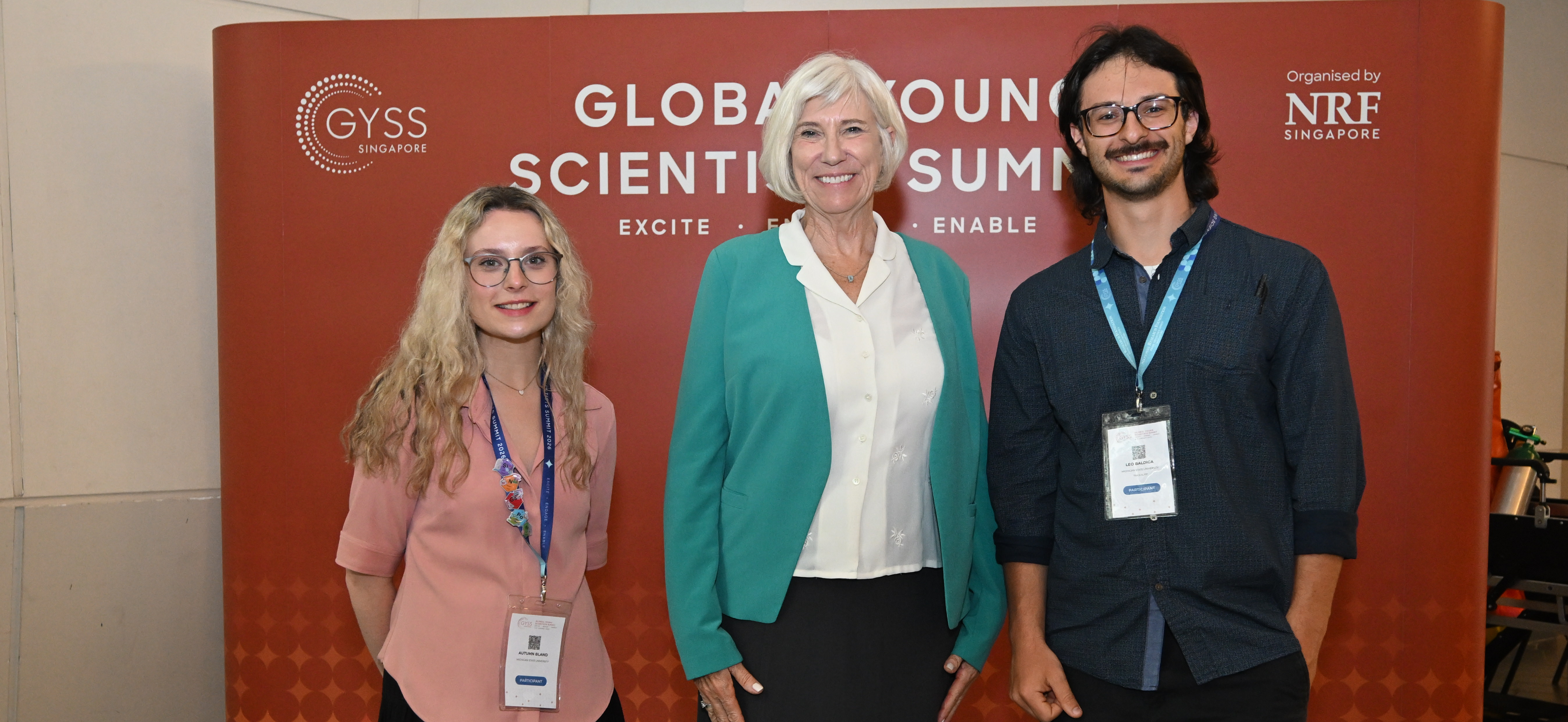 Autumn Bland, MSU Water Alliance Director Joan Rose, and Leo Baldiga at GYSS in Singapore, Jan 5-9, 2026. PHOTO Credit Samantha Yeap, GYSS Photo Gallery﻿