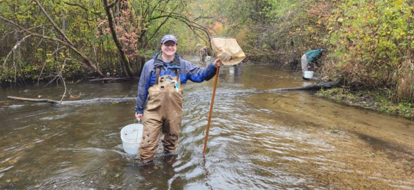 A researcher wearing waders and a blue cap stands in a shallow stream, holding a sampling net and a white bucket, conducting aquatic field research surrounded by autumn foliage.
