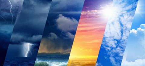A collage of weather conditions showing storm clouds, ocean waves, sunset, and clear sky.