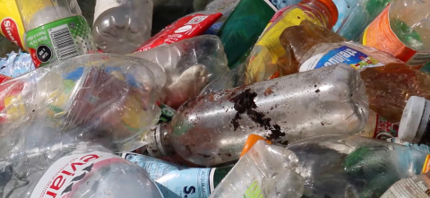 Scattered plastic bottles.